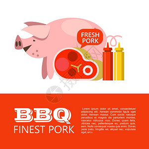 烧烤矢量插图烧烤猪肉最好的猪肉可爱的猪,牛排,番茄酱芥末插图与文本图片