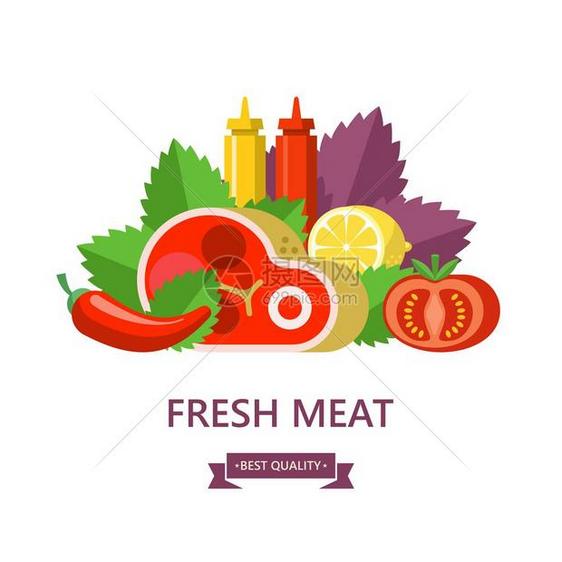 新鲜的肉大牛排,柠檬,罗勒叶,番茄,番茄酱芥末矢量插图图片