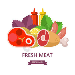 新鲜的肉套同类型的肉大牛排,猪肉火腿,香肠,柠檬,罗勒叶,番茄酱芥末矢量插图图片
