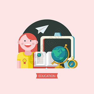 教育,学校矢量章,标志教育矢量章学校,学院的标志女生黑板的背景上,本开放的书地球仪指南针学的属图片