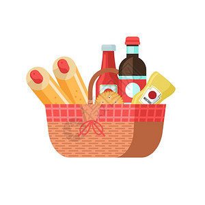带食物的野餐篮矢量插图带食物的野餐篮饮料,热狗,番茄酱,芥末矢量插图白色背景上隔离图片