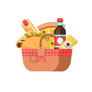 带食物的野餐篮矢量插图带食物的野餐篮饮料,玉米饼,热狗,番茄酱,芥末矢量插图白色背景上隔离图片