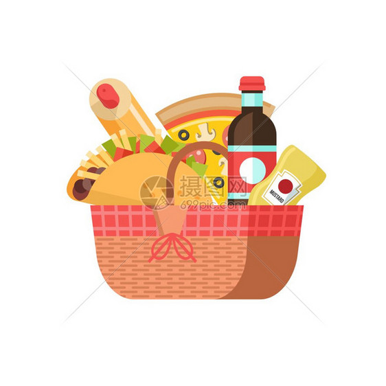 带食物的野餐篮矢量插图带食物的野餐篮饮料,玉米饼,热狗,番茄酱,芥末矢量插图白色背景上隔离图片