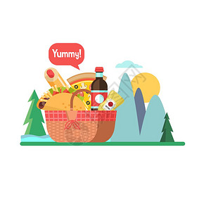 带食物的野餐篮矢量插图野餐篮,山景的背景上食物饮料,汉堡包,热狗,番茄酱,芥末矢量插图图片