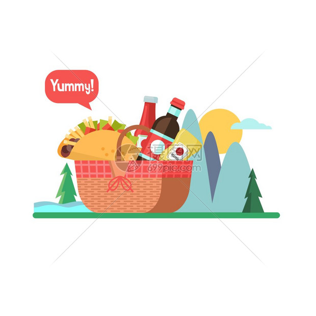 带食物的野餐篮矢量插图野餐篮,山景的背景上食物饮料,玉米饼,番茄酱