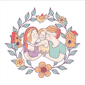家庭日幸福的家庭矢量插图幸福的家庭国际家庭日的矢量插图快乐的父母他们的孩子用花树枝框来花,鸟图片