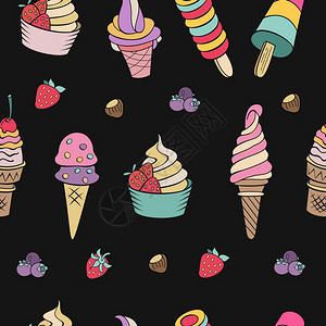 黑色背景上的无缝图案杂项冰淇淋黑色背景上的无缝图案手绘冰淇淋各种冰淇淋,坚果浆果巧克力饼干涂鸦的图片