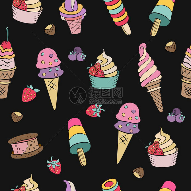 黑色背景上的无缝图案杂项冰淇淋黑色背景上的无缝图案手绘冰淇淋各种冰淇淋,坚果浆果巧克力饼干涂鸦的图片