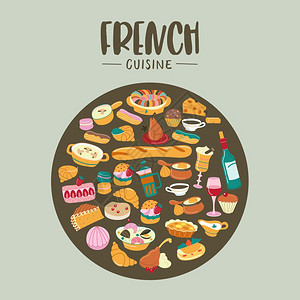 法国菜矢量插图传统的法国菜大型矢量剪贴画卡通风格定向个圆圈汤,甜点,包,葡萄酒图片