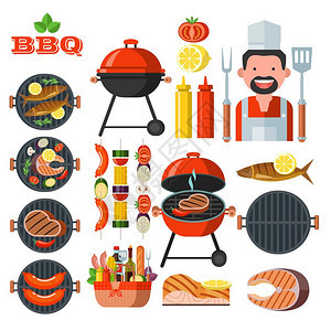 烧烤,烧烤章,标志彩色矢量插图F烧烤,烧烤套五颜六色的剪贴画愉快的厨师与厨师的铲子叉子,野餐篮与食物,图片