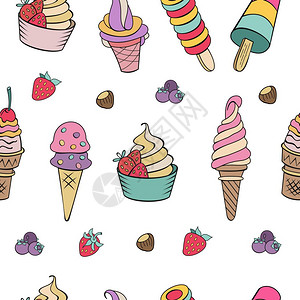 无缝图案混合冰淇淋与水果,坚果T无缝图案白色背景手绘冰淇淋各种冰淇淋,坚果浆果巧克力饼干涂鸦的矢图片