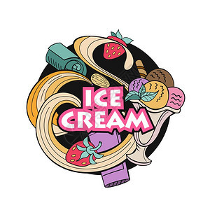 水果坚果浇头的杂项冰淇淋手拉着手绘冰淇淋各种冰淇淋,坚果浆果巧克力饼干矢量涂鸦插图图片