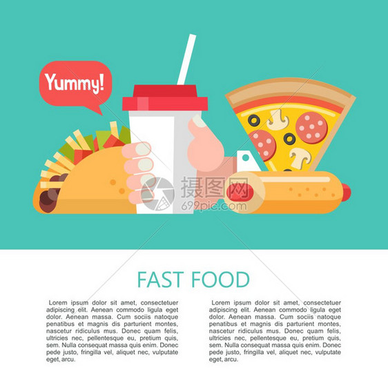 快餐美味的食物平风格的矢量插图比萨饼,带肉蔬菜的玉米饼,热狗奶昔快餐美味的食物平风格的矢量插图图片
