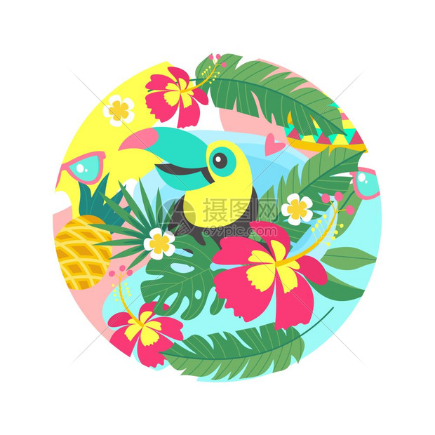 你好,夏天阿洛哈可爱趣的卡通巨嘴鸟热带天堂热带树叶中五颜六色的巨嘴鸟,椰子鸡尾酒,花,菠萝明亮的夏季插图,图片