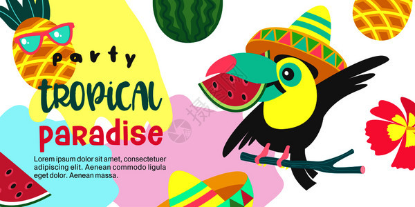 热带天堂派彩色矢量插图,邀请参加聚会热带风格的插图墨西哥帽子里只欢快的巨嘴鸟嘴里衔着块西瓜热带树叶,水果图片