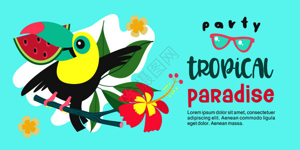 热带天堂派彩色矢量插图,邀请参加聚会热带风格的插图欢快的巨嘴鸟坐树枝上,嘴里衔着块西瓜图片