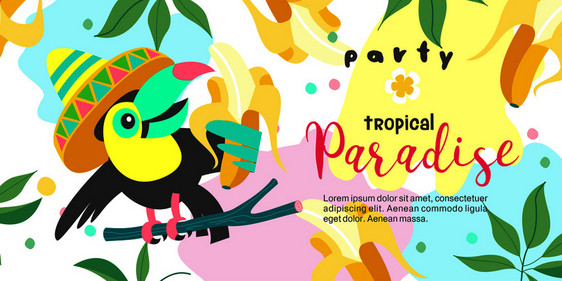 热带天堂派彩色矢量插图,邀请参加聚会热带风格的插图戴着墨西哥帽子的滑稽巨嘴鸟着香蕉图片