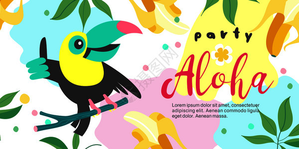 热带天堂派彩色矢量插图,邀请参加聚会热带风格的插图阿洛哈可爱快乐的巨嘴鸟邀请你参加个热带派图片