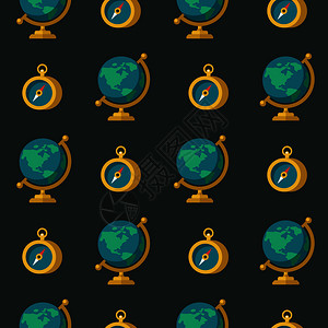 黑色背景上的地球仪指南针丰富多彩的无缝图案为教育,学校,秋天平风格的矢量插图图片