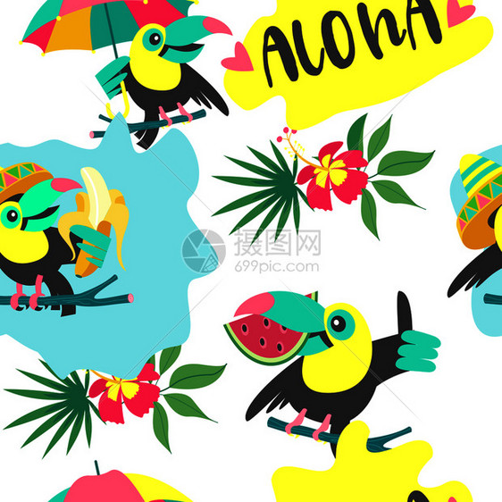 无缝图案开朗友好的巨嘴鸟热带背景,鸟类,奇异的叶子水果矢量插图图片