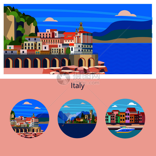 阿玛菲意大利海滨小镇加德湖,威尼斯,阿玛菲的圆形图标带文本的矢量插图旅游小册子模板图片