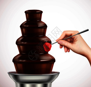 彩色写实与蘸草莓巧克力喷泉构图巧克力火锅矢量插图将草莓浸入巧克力喷泉合物中图片