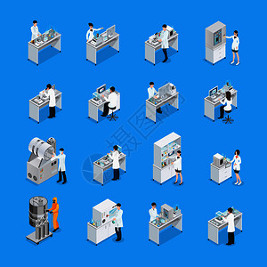 套16个图标与化学实验室工程工作台家具设备科学家等距图像矢量插图实验室工作图标背景图片