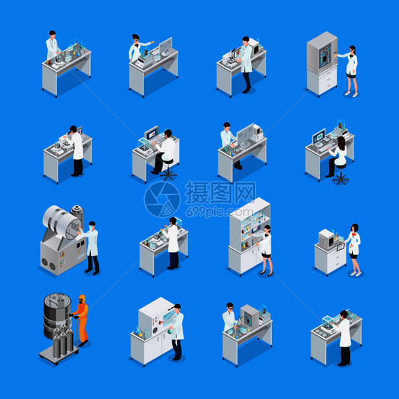 套16个图标与化学实验室工程工作台家具设备科学家等距图像矢量插图实验室工作图标图片