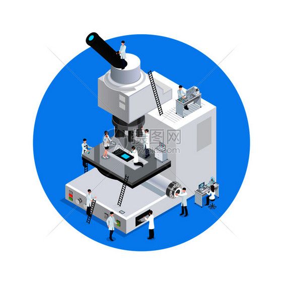显微镜圆形构图与显微镜等距图像与科学家人物的数字礼服矢量插图显微镜科学家圆形图片