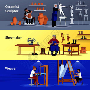 工匠工作中,3个平横幅雕塑家陶瓷鞋匠工矢量插图工匠3平横幅套背景图片