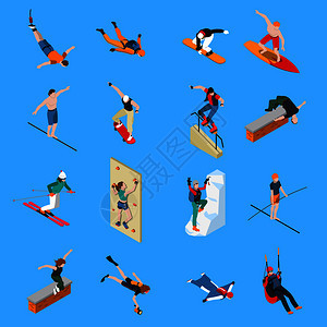 极限运动人士等距与潜水滑板滑翔伞滑雪冲浪蓝色背景孤立矢量插图极限运动人等距集图片