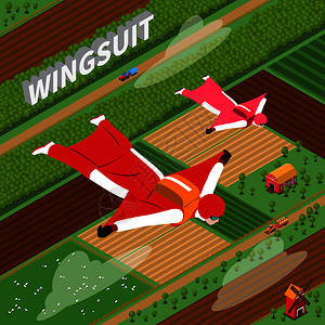跳伞者穿红色翅膀套装飞越田野绿色牧场夏季等距矢量插图翼服等距插图中的跳伞者图片