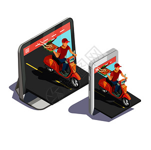 送货等距成与平板电脑智能手机图像与比萨饼家伙骑摩托车出屏幕矢量插图披萨线送货图片