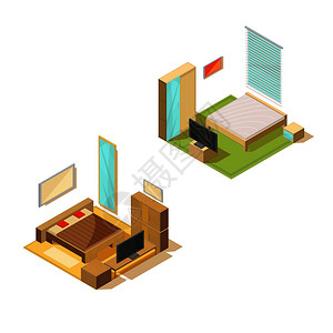 家具等距两个卧室内部与双人床电视机镜子床头柜矢量插图房间家具收藏背景图片