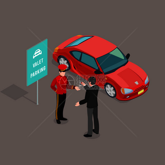 代客停车标志成与等距汽车图像男客人提供钥匙的代客字符矢量插图代客停车服务成图片
