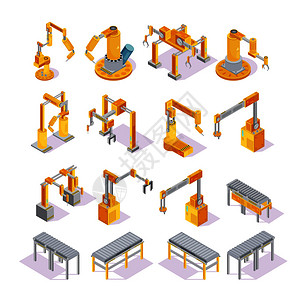 等距的黄色灰色输送机与机器人手焊接包装隔离矢量插图输送机等距背景图片
