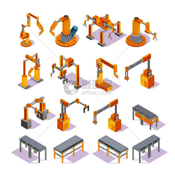 等距的黄色灰色输送机与机器人手焊接包装隔离矢量插图输送机等距图片