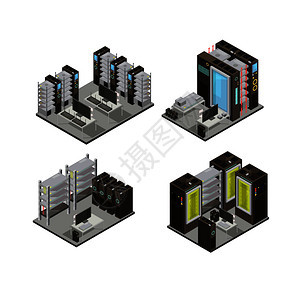 数据中心等距成,包括用于云服务的托管服务器用于管理隔离向量插图的工作站数据中心等距成背景图片