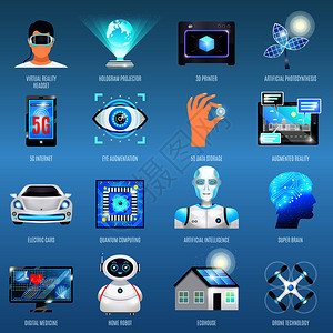 未来的技术图标与生态房屋,量子计算,机器人,5G互联网上的蓝色背景孤立矢量插图未来的技术图标图片