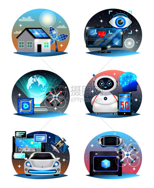 未来合技术与数字医学,3D打印机,电动汽车,全息投影仪隔离矢量插图未来合集的技术图片