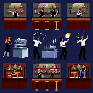 彩色酒吧图标酒吧酒吧调酒师鸡尾酒准备工作人员矢量插图条形图标图片