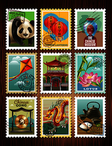 中国文化传统建筑彩色邮票熊猫宝塔龙莲茶仪式海报矢量插图中国旅游邮票套海报图片