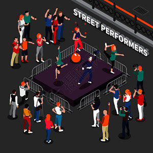 街头表演者等距构图,包括讲台与哑剧,球上平衡器,杂技观众矢量插图街头表演者等距构图图片