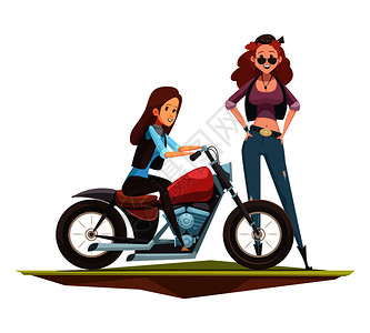 复古卡通骑手成的两个涂鸦风格漂亮的女人物跑车摩托车平图像矢量插图摩托车手女孩扁平作文图片
