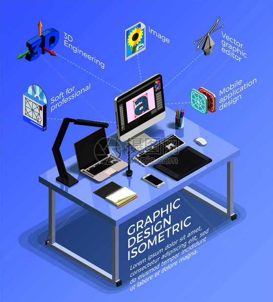 等距与信息师工作场所与计算机绘制平板图标文本矢量插图视觉信息图的图片