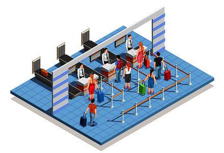 线人机场等距成的航登记台与袋下降计数器乘客字符矢量插图机场登机区成背景图片