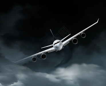 飞机真实构图与前视图图像的飞行四驾飞机灰色雨云背景矢量插图黑暗天气飞机成图片