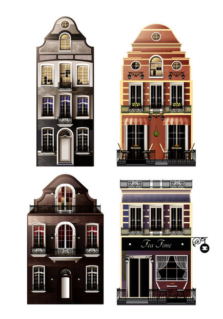 古老的欧洲立房屋的变化与拱形传统的窗户,门廊,阳台,咖啡馆矢量插图旧欧洲门房的变化图片