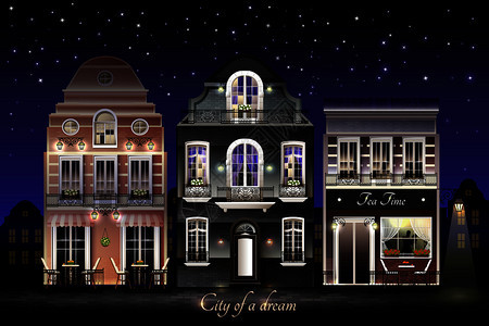 古老的欧洲照明立的房子与花阳台上的星空矢量插图背景古老的欧洲房屋插图图片