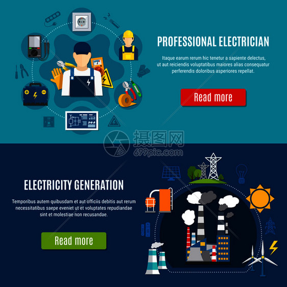 水平平板横幅与电工专业设备发电蓝色背景隔离矢量插图电力水平横幅图片